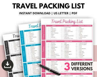 Ultimate Travel Packing list, Vacation Packing Checklist, Travel Itinerary & Packing List, Printable Trip Checklist, Carry On Packing List
