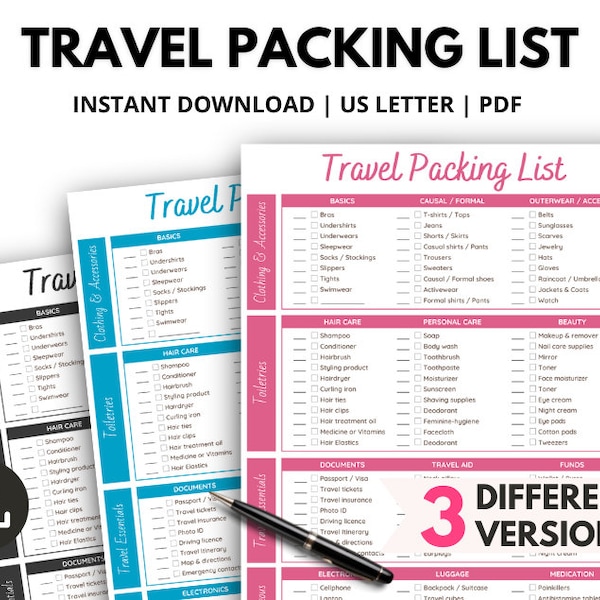 Ultimate Travel Packing list, Vacation Packing Checklist, Travel Itinerary & Packing List, Printable Trip Checklist, Carry On Packing List