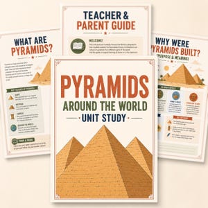 May include: A set of educational unit study pages titled Pyramids Around the World. The documents feature text, illustrations of pyramids, and sections labelled Teacher & Parent Guide, What Are Pyramids, and Why Were Pyramids Built, using a colour palette of tan, brown, and dark blue.