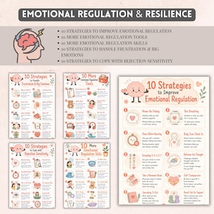 May include: A collection of five educational posters titled Emotional Regulation & Resilience, featuring illustrated brain characters and lists of strategies for managing emotions, including techniques like box breathing, grounding, and self-compassion.