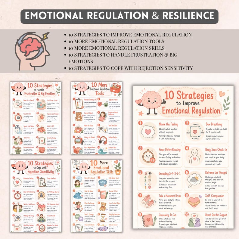 May include: A collection of five educational posters titled Emotional Regulation & Resilience, featuring illustrated brain characters and lists of strategies for managing emotions, including techniques like box breathing, grounding, and self-compassion.