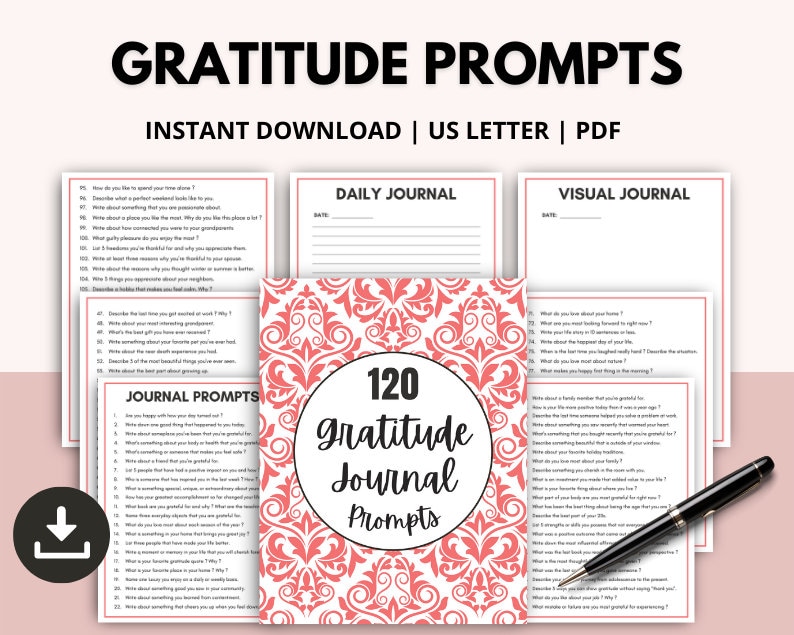 May include: A printable PDF download of 120 gratitude journal prompts. The cover features a pink and white damask pattern with the text "120 Gratitude Journal Prompts".