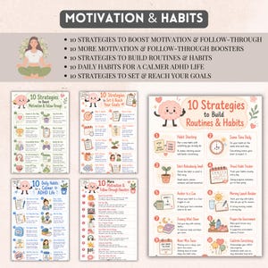 May include: A collection of five educational posters titled Motivation & Habits, featuring illustrated brain characters and lists of strategies for building routines, setting goals, and daily habits for an ADHD life, presented in a soft pastel color palette.