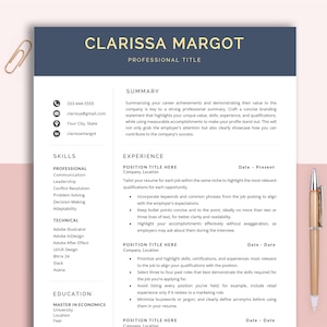 May include: A resume template with a dark blue header and gold accents. The resume is for Clarissa Margot and includes sections for skills, experience, education, and a summary. The template is designed to be professional and easy to read.