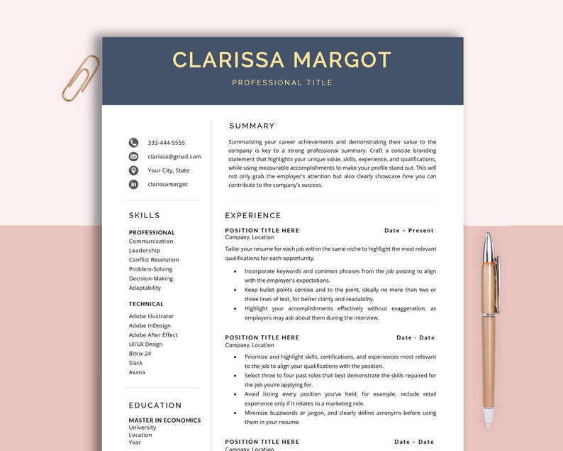 May include: A resume template with a dark blue header and gold accents. The resume is for Clarissa Margot and includes sections for skills, experience, education, and a summary. The template is designed to be professional and easy to read.
