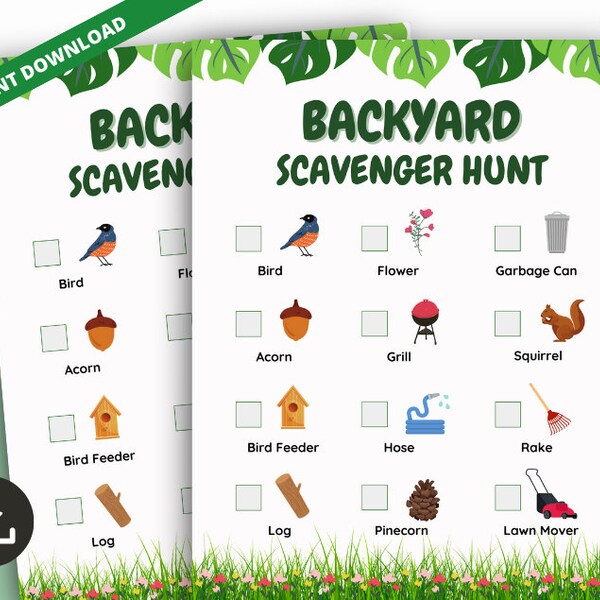 Backyard Scavenger Hunt Game, Playground Scavenger Hunt Clues, Fun Nature Treasure Hunt for Kids Teens & Adults, Printable Camping Activity