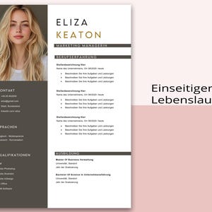 May include: A resume template featuring a headshot of a woman with blonde hair. The resume includes sections for contact information, skills, and work experience. The text "ELIZA KEATON" and "MARKETING MANAGERIN" are displayed at the top. The phrase "Einseitiger Lebenslauf" is also visible.