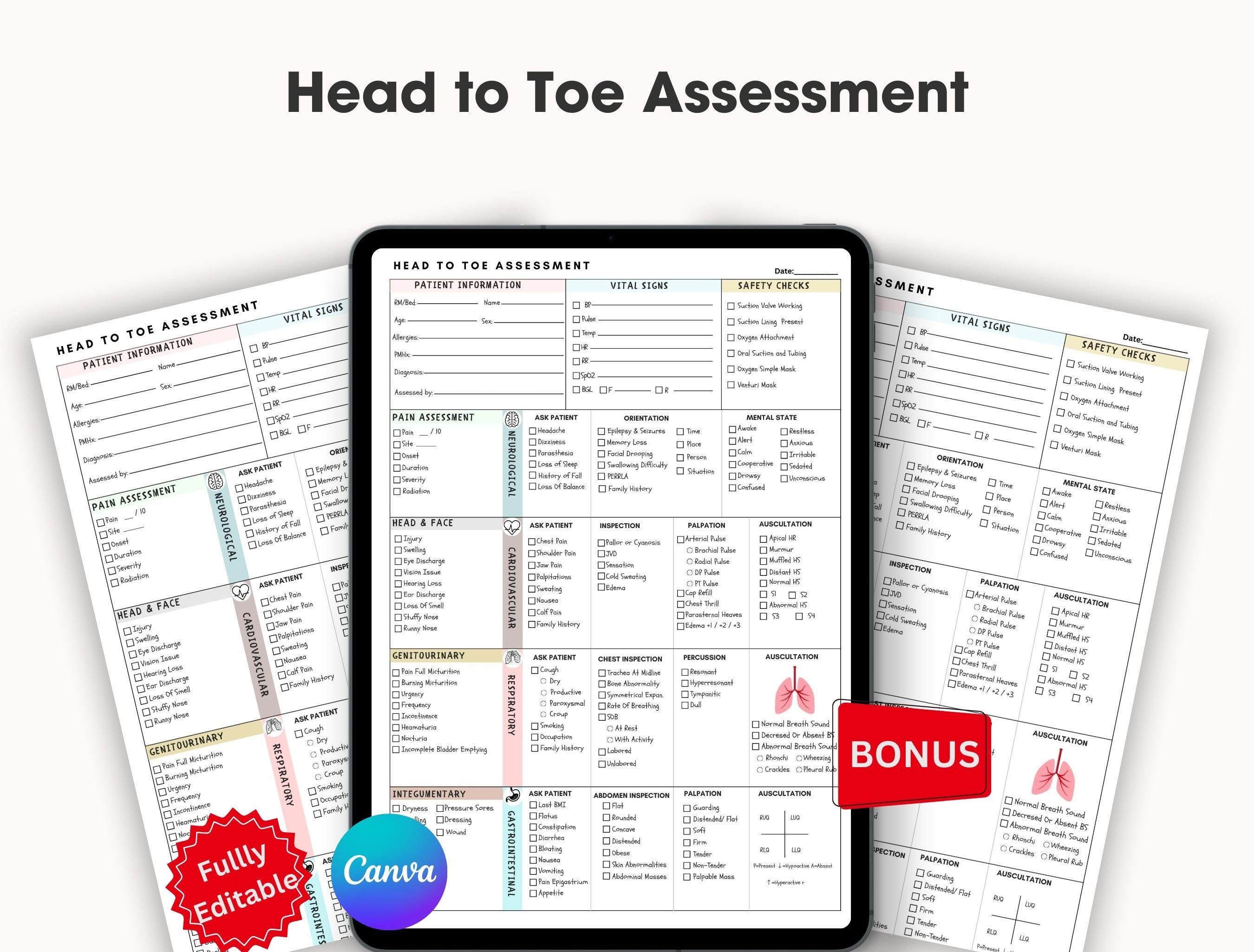 Editable Head To Toe Assessment Template, Head To Toe Nursing Student Sheet,Nurse Report Sheet, Nursing Assessment Sheet,Canva & PDF