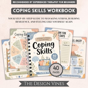 May include: A spiral-bound Coping Skills workbook with 40 pages, featuring a blue toolbox illustration on the cover. The pages include text such as My Coping Skills, Plan for Bad Days, and Feel Angry, with pastel-colored graphics and diagrams.