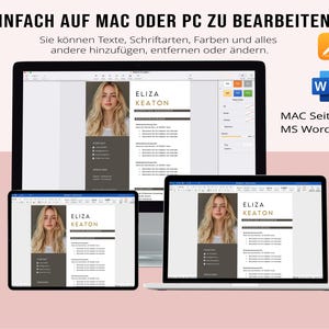 May include: A digital resume template displayed on a laptop, tablet, and desktop computer. The resume features a photo of a woman, the name "Eliza Keaton", and sections for contact information and experience. The text "Einfach auf Mac oder PC zu bearbeiten" is visible.