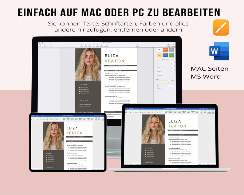 May include: A digital resume template displayed on a laptop, tablet, and desktop computer. The resume features a photo of a woman, the name "Eliza Keaton", and sections for contact information and experience. The text "Einfach auf Mac oder PC zu bearbeiten" is visible.