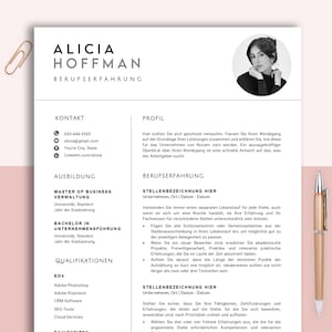 May include: A professional resume template with the name "ALICIA HOFFMAN" at the top. The resume includes sections for contact details, education, qualifications, and work experience. A headshot of a woman is in the upper right corner. A gold pen and paperclip are on the side.