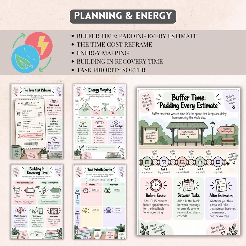 May include: A digital planning guide titled Planning & Energy featuring five instructional pages. The content includes diagrams and text explaining Buffer Time, The Time Cost Reframe, Energy Mapping, Building In Recovery Time, and Task Priority Sorter.