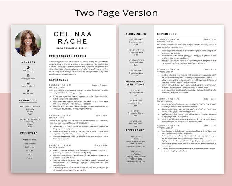 Informative Cv Example Clean Resume Template With Photo, Cover Letter (word & Pages) - Etsy