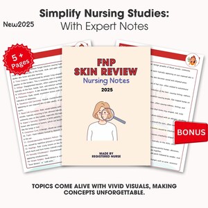 May include: A colorful illustration of a book with the title "FNP Skin Review Nursing Notes 2025" and the text "Topics come alive with vivid visuals, making concepts unforgettable." The book cover features a cartoon illustration of a woman with a magnifying glass over her eye.