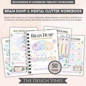 Peut inclure: Un cahier d'exercices à reliure spirale Brain Dump & Mental Clutter avec des illustrations pastel de nuages et de bacs de tri. La couverture affiche le titre, un nombre de 50 pages et des pages intérieures avec des guides pour organiser les pensées.