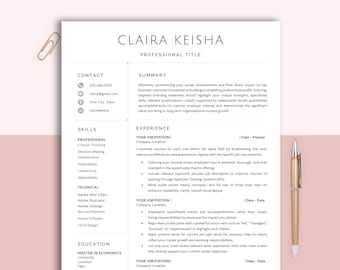 May include: A resume template with the name "CLAIRA KEISHA" at the top. The resume includes sections for contact information, skills, experience, and education. A gold pen and a gold paperclip are on the side.