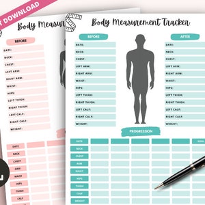 May include: Printable body measurement tracker with a silhouette of a person in the center. The tracker has sections for "Before", "After", and "Progression". The "Before" and "After" sections have fields for recording measurements of the neck, chest, arms, waist, hips, thighs, calves, and weight. The "Progression" section is a grid for tracking measurements over time.