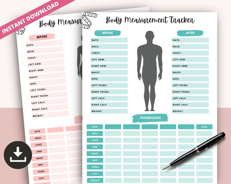May include: Printable body measurement tracker with a silhouette of a person in the center. The tracker has sections for "Before", "After", and "Progression". The "Before" and "After" sections have fields for recording measurements of the neck, chest, arms, waist, hips, thighs, calves, and weight. The "Progression" section is a grid for tracking measurements over time.