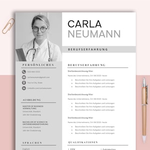 May include: A black and white CV template with the name Carla Neumann at the top. The CV includes sections for personal information, education, work experience, and skills.