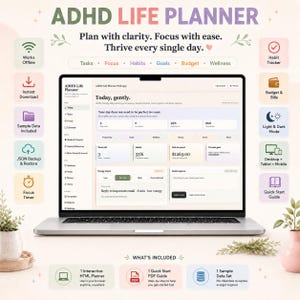 May include: A laptop displaying the ADHD Life Planner web app interface with a dashboard showing tasks, habits, and energy levels. The screen features text including 'Today, gently' and 'ADHD Life Planner'. Surrounding icons highlight features like habit tracker, budget, and offline access.