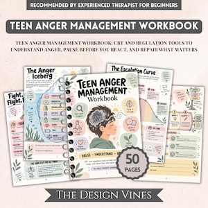 May include: A spiral-bound Teen Anger Management Workbook featuring 50 pages of CBT and regulation tools. The cover displays an illustration of a person with a tangled mind, surrounded by circular icons, with the text "Teen Anger Management Workbook" and "Pause - Understand - Repair."