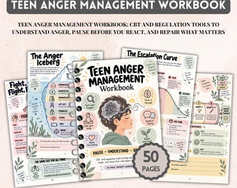 Teen Anger Management Workbook | CBT Worksheets | Therapy Workbook For Teens | Emotional Regulation Tools | Breathing Exercises For Anger