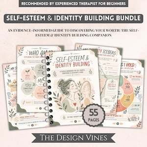 May include: A spiral-bound self-esteem and identity building workbook bundle featuring multiple pages with illustrations of a person looking in a mirror, floral accents, and text including "Self-Esteem & Identity Building" and "55 Pages".