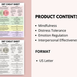 May include: A pink and white printable DBT cheat sheet with the text "DBT Cheat Sheet" and the headings "Mindfulness", "Distress Tolerance", "Emotion Regulation", and "Interpersonal Effectiveness". The cheat sheet also includes a product contents section with the headings "Mindfulness", "Distress Tolerance", "Emotion Regulation", and "Interpersonal Effectiveness". The cheat sheet also includes a format section with the heading "US Letter".