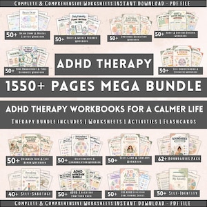 May include: A digital ADHD therapy mega bundle containing over 1550 pages of worksheets, activities, and flashcards. The collection features various workbooks including Brain Dump, Daily & Weekly Planner, Emotional Regulation, Habit & Routine Builder, Time Management, Self-Understanding, Organization, Relationships, Self-Care, Boundaries, Self-Sabotage, Executive Function, and Self-Identity.