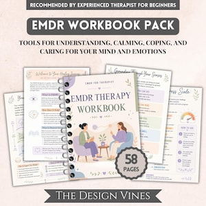 May include: An EMDR therapy workbook pack featuring a spiral-bound manual with a cover illustration of two people sitting in chairs. The pack includes multiple pages with text, diagrams, and a 58-page label. Text includes EMDR WORKBOOK PACK.