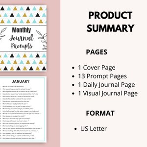 May include: A printable monthly journal prompt booklet with a cover featuring a black and gold triangle pattern and the text "Monthly Journal Prompts". The inside pages feature a list of journal prompts for each month of the year, with the month of January shown in the image.