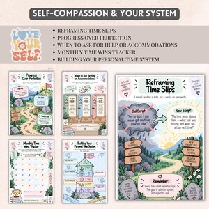 May include: A set of educational posters titled Self-Compassion & Your System, featuring illustrations and text about reframing time slips, progress over perfection, asking for help, a monthly time wins tracker, and building a personal time system.