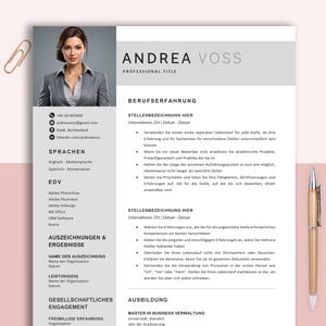 Może przedstawiać: Szablon CV z profesjonalnym zdjęciem kobiety. CV zawiera sekcje na dane kontaktowe, umiejętności, doświadczenie zawodowe, wykształcenie i nagrody. Tekst jest w języku niemieckim.