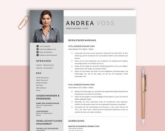 May include: A resume template with a professional headshot of a woman. The resume includes sections for contact information, skills, work experience, education, and awards. The text is in German.
