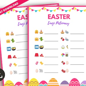 May include: Two Easter Emoji Pictionary game sheets with a pink border and colorful bunting. The sheets feature emoji clues and blank lines for answers. The words "Easter" and "Emoji Pictionary" are displayed. The words "Instant Download" are in the upper left corner.