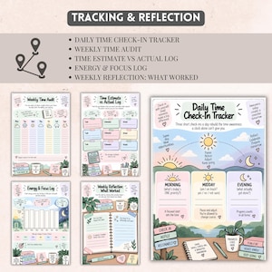 May include: A set of five printable planning pages titled Tracking & Reflection, including a Daily Time Check-In Tracker, Weekly Time Audit, Time Estimate vs Actual Log, Energy & Focus Log, and Weekly Reflection, featuring pastel colors and illustrations.