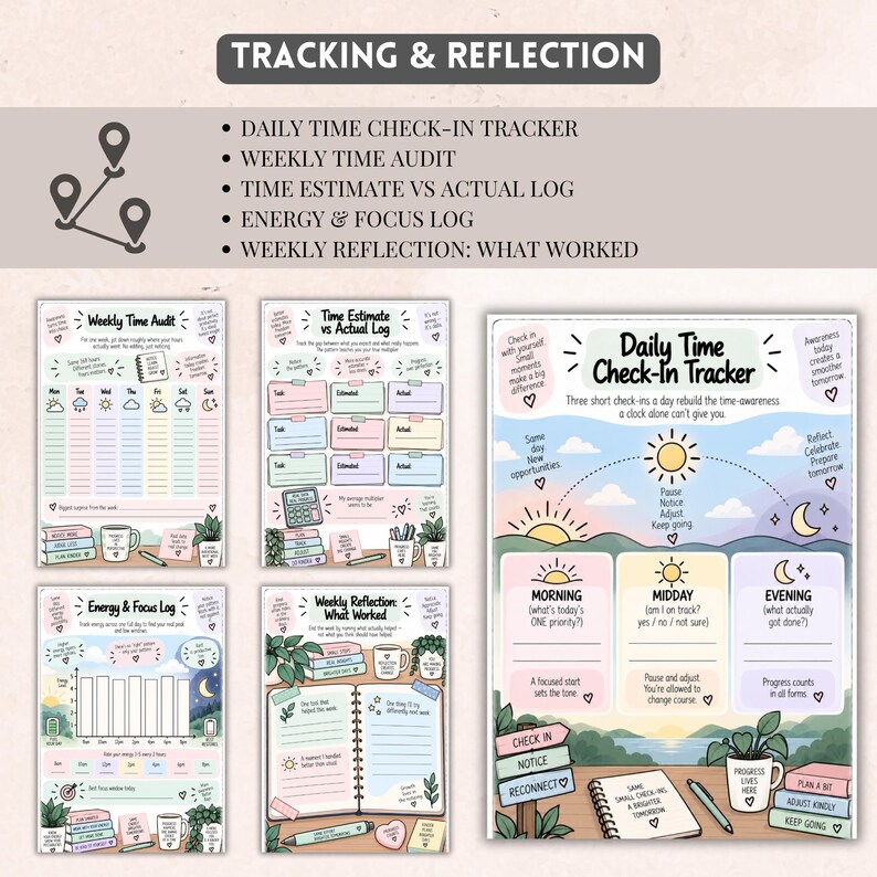 May include: A set of five printable planning pages titled Tracking & Reflection, including a Daily Time Check-In Tracker, Weekly Time Audit, Time Estimate vs Actual Log, Energy & Focus Log, and Weekly Reflection, featuring pastel colors and illustrations.