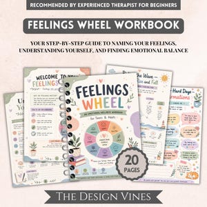 May include: A spiral-bound Feelings Wheel workbook with 20 pages, featuring pastel-colored illustrations, a central feelings wheel diagram, and text including "Feelings Wheel," "An Emotional-Wellness Workbook for Teens & Adults," and "The Design Vines."