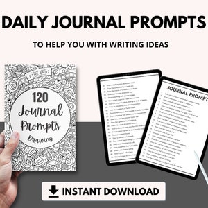 May include: A black and white digital download of 120 journal prompts for drawing. The cover features a doodle of a hand holding a pencil with the words "120 Journal Prompts Drawing" in a circle.