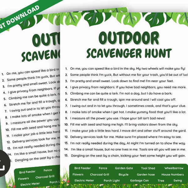 Outdoor Scavenger Hunt Game, Backyard Scavenger Hunt Clues, Nature Treasure Hunt Riddles for Kids Teens & Adults, Printable Outdoor Activity