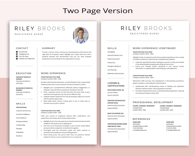 Cv Riley Registered Nurse Resume Template RN, CNA, 2-3 Page Resume Template ...