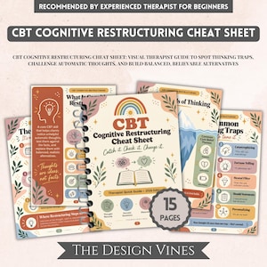 May include: A spiral-bound CBT Cognitive Restructuring Cheat Sheet with 15 pages. The cover features a rainbow, an open book, and text including "Catch it. Check it. Change it." and "Therapist Quick Guide - 2026 Edition." The pages display various mental health diagrams.