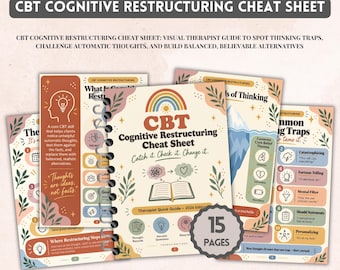 CBT Cognitive Restructuring Cheat Sheet, CBT Cheat Sheets, Cognitive Distortions Chart, Thought Record Guide, Counselor Therapy Handouts
