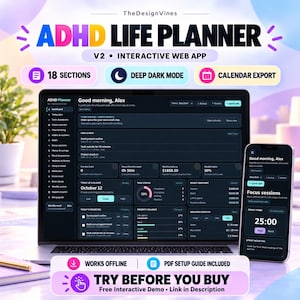 ADHD Digital Planner, Interactive Daily and Weekly Life Planner, Focus Timer, Habit Tracker, Budget & Routine Organizer, Browser App