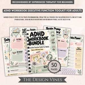 Könnte beinhalten: Ein ADHS-Arbeitsbuch-Bundle für Erwachsene mit 50 Seiten an Tools für exekutive Funktionen. Das Cover zeigt den Text ADHD WORKBOOK BUNDLE, Neuro-Affirming Tools sowie Illustrationen einer Uhr, einer Glühbirne und eines Kopfhörers.