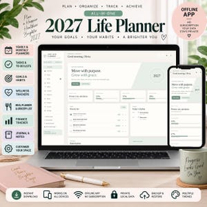 May include: A digital 2027 Life Planner displayed on a laptop and smartphone screen, featuring sections for goals, habits, wellness, meal planning, and finance tracking. The interface includes text like Move with purpose and Good morning, Olivia.