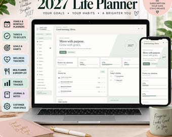 Puede incluir: Un planificador de vida digital 2027 en una pantalla de portátil y smartphone, con secciones para objetivos, hábitos, bienestar, comidas y finanzas. La interfaz incluye texto como Move with purpose y Good morning, Olivia.