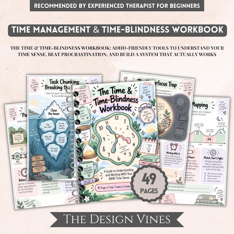 May include: A spiral-bound workbook titled The Time & Time-Blindness Workbook, featuring a central clock illustration, an hourglass, and a mug. The cover includes the text 49 Pages of Tools, Trackers & Compassion. Several interior pages are visible, displaying colorful diagrams, task chunking charts, and time management strategies with handwritten-style text.