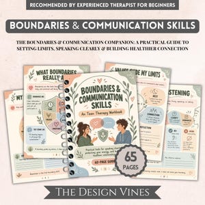 Può includere: Un quaderno di esercizi di terapia per adolescenti intitolato Boundaries & Communication Skills, con illustrazioni di due persone, fumetti e uno scudo. Il set include diverse pagine con testo, diagrammi e spunti per stabilire limiti.
